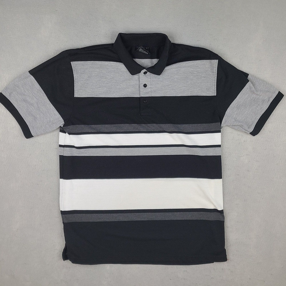 Brooklyn‎ State Polo Shirt Men's Large Black Gray White Striped Short Sleeve